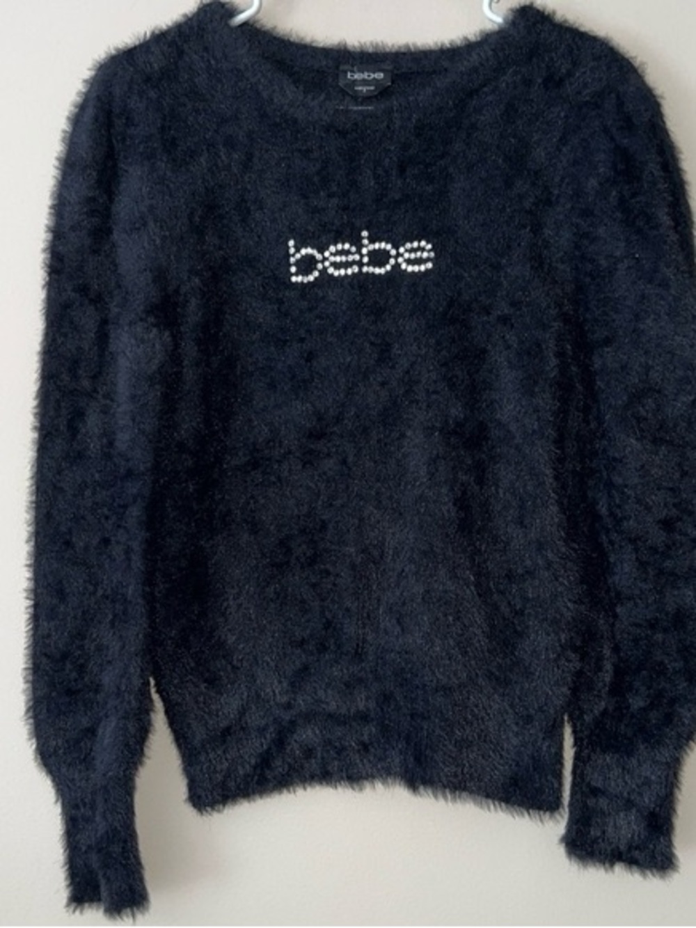 Bebe Rhinestone Logo Fuzzy Sweater
